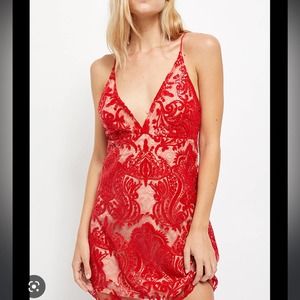 Free People Red Lace Sheer Slip Dress